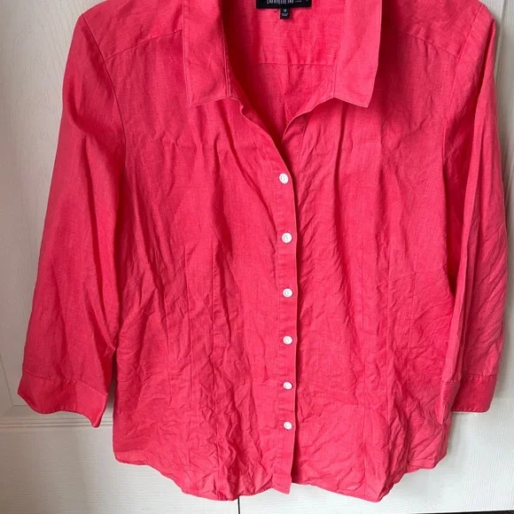 Lafayette 148 women’s 100% linen Coral pink Button-Down 3/4 sleeve Shirt 12 EUC - Picture 3 of 11